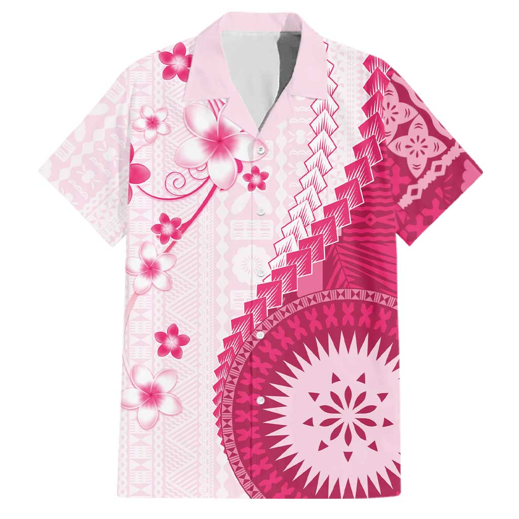 Bula Fiji Family Matching Off The Shoulder Long Sleeve Dress and Hawaiian Shirt Pink Plumeria Masi Tapa Pattern LT05 Dad's Shirt - Short Sleeve Pink - Polynesian Pride