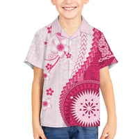Bula Fiji Family Matching Off The Shoulder Long Sleeve Dress and Hawaiian Shirt Pink Plumeria Masi Tapa Pattern LT05 Son's Shirt Pink - Polynesian Pride