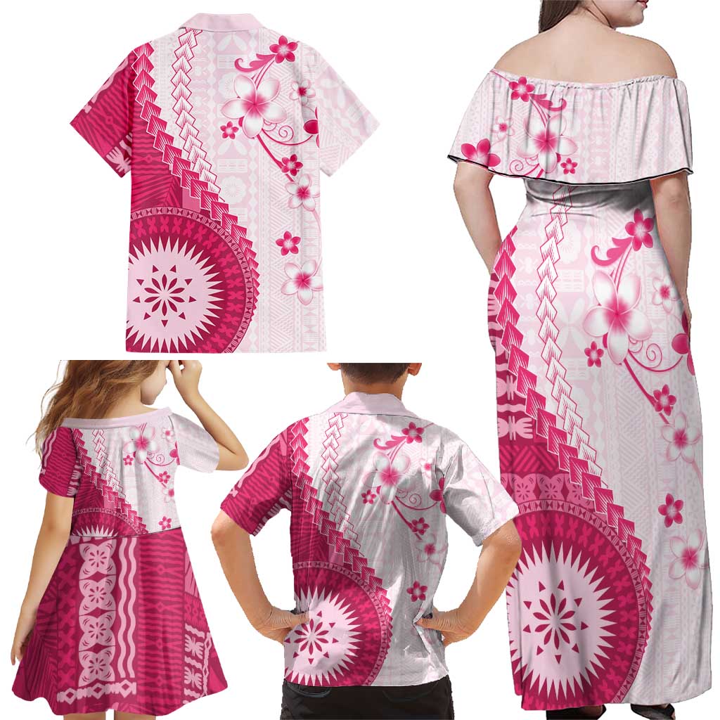 Bula Fiji Family Matching Off Shoulder Maxi Dress and Hawaiian Shirt Pink Plumeria Masi Tapa Pattern LT05 - Polynesian Pride