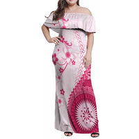 Bula Fiji Family Matching Off Shoulder Maxi Dress and Hawaiian Shirt Pink Plumeria Masi Tapa Pattern LT05 Mom's Dress Pink - Polynesian Pride