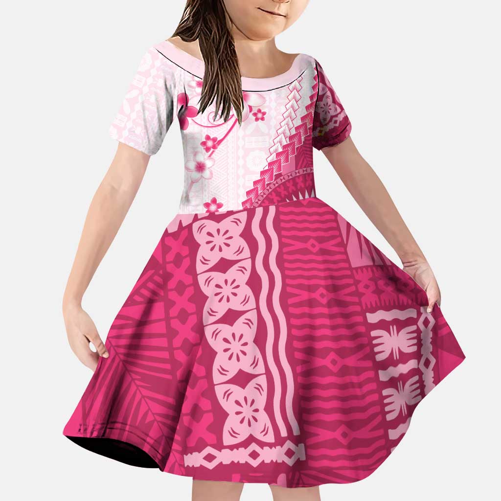 Bula Fiji Family Matching Off Shoulder Short Dress and Hawaiian Shirt Pink Plumeria Masi Tapa Pattern LT05 Daughter's Dress Pink - Polynesian Pride