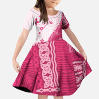 Bula Fiji Family Matching Off Shoulder Short Dress and Hawaiian Shirt Pink Plumeria Masi Tapa Pattern LT05 Daughter's Dress Pink - Polynesian Pride