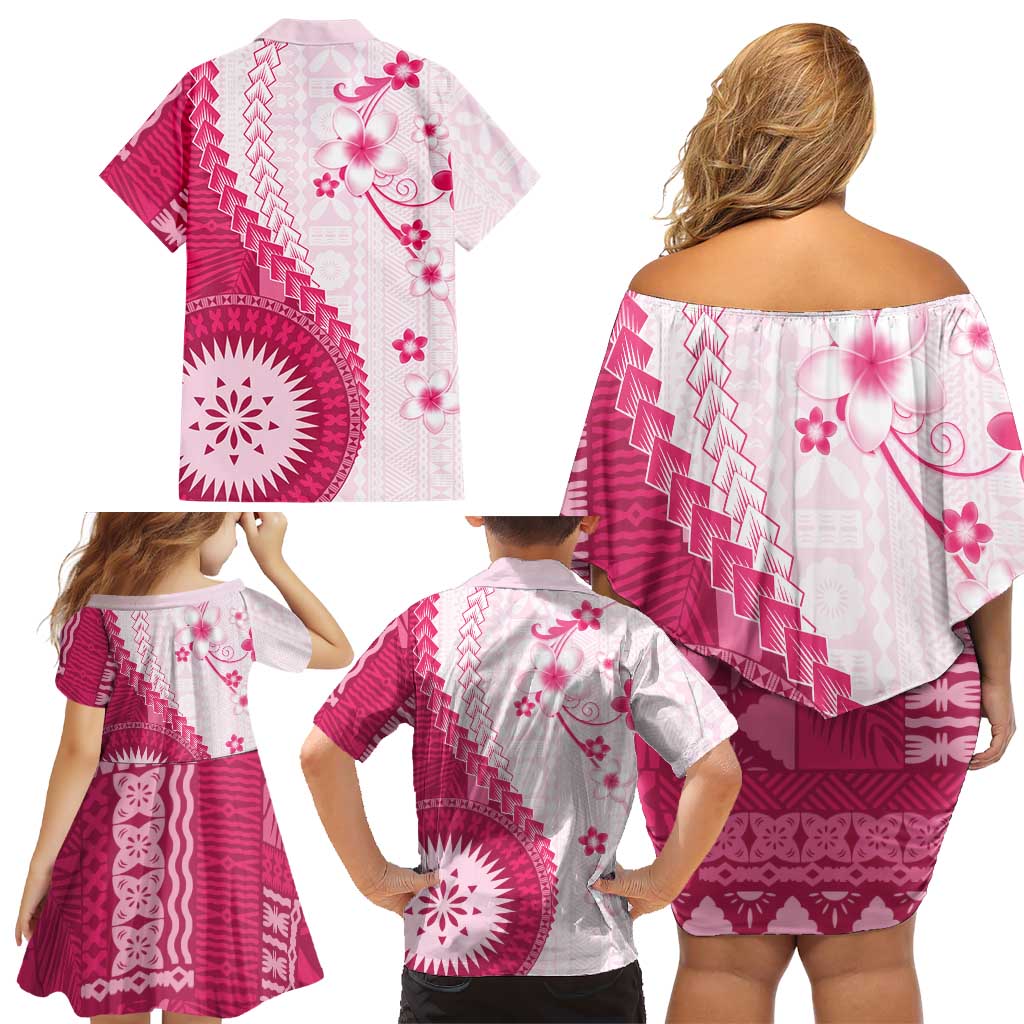 Bula Fiji Family Matching Off Shoulder Short Dress and Hawaiian Shirt Pink Plumeria Masi Tapa Pattern LT05 - Polynesian Pride