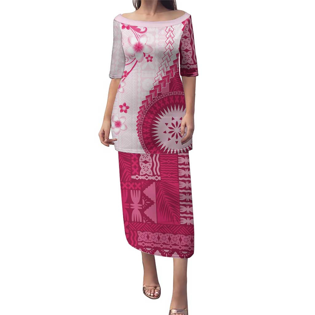 Bula Fiji Family Matching Puletasi and Hawaiian Shirt Pink Plumeria Masi Tapa Pattern - Polynesian Pride