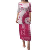 Bula Fiji Family Matching Puletasi and Hawaiian Shirt Pink Plumeria Masi Tapa Pattern - Polynesian Pride