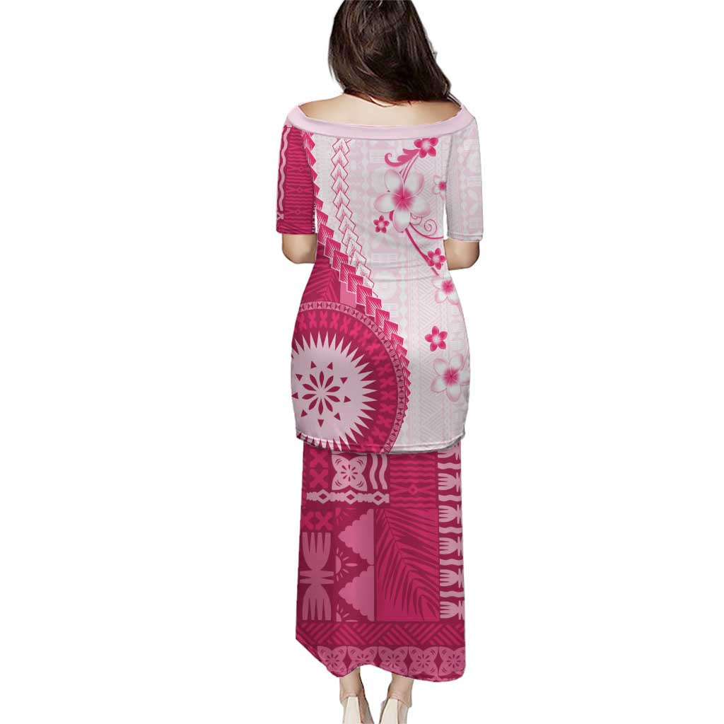 Bula Fiji Family Matching Puletasi and Hawaiian Shirt Pink Plumeria Masi Tapa Pattern - Polynesian Pride