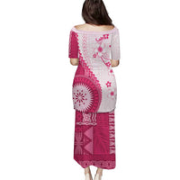Bula Fiji Family Matching Puletasi and Hawaiian Shirt Pink Plumeria Masi Tapa Pattern - Polynesian Pride