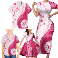 Bula Fiji Family Matching Short Sleeve Bodycon Dress and Hawaiian Shirt Pink Plumeria Masi Tapa Pattern LT05 - Polynesian Pride