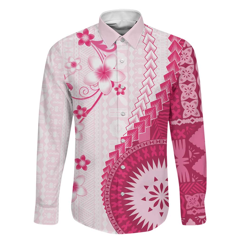 Bula Fiji Family Matching Short Sleeve Bodycon Dress and Hawaiian Shirt Pink Plumeria Masi Tapa Pattern LT05 Dad's Shirt - Long Sleeve Pink - Polynesian Pride