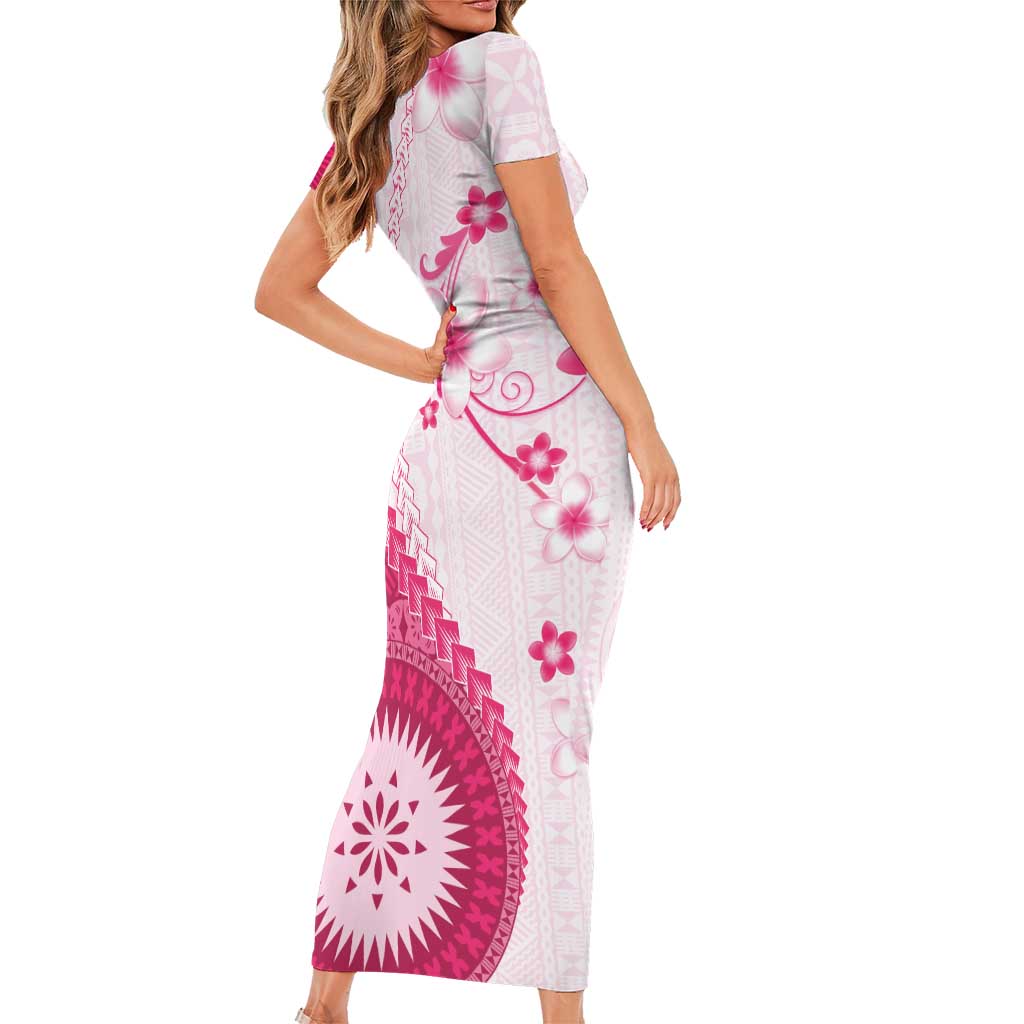 Bula Fiji Family Matching Short Sleeve Bodycon Dress and Hawaiian Shirt Pink Plumeria Masi Tapa Pattern LT05 - Polynesian Pride