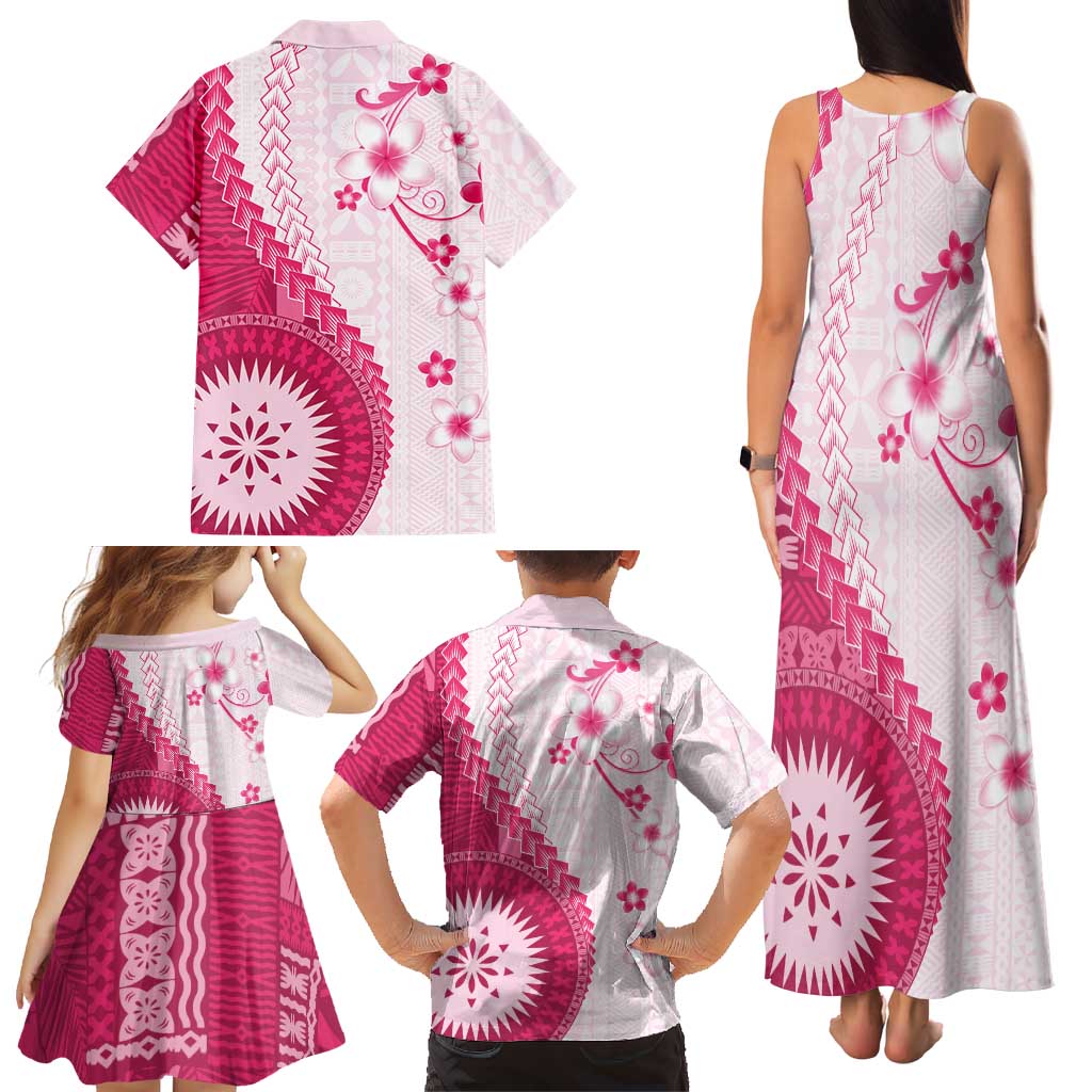 Bula Fiji Family Matching Tank Maxi Dress and Hawaiian Shirt Pink Plumeria Masi Tapa Pattern LT05 - Polynesian Pride