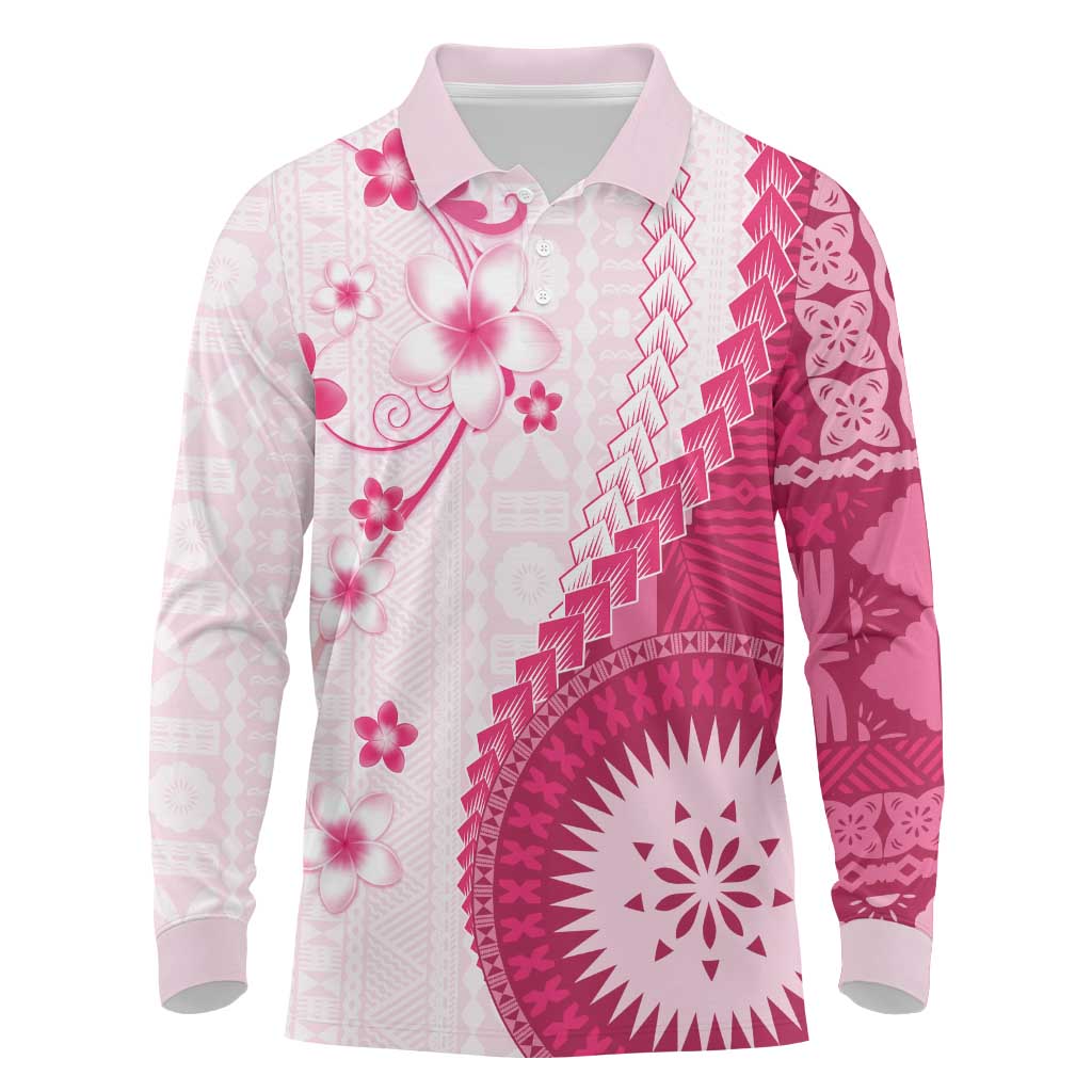 Bula Fiji Long Sleeve Polo Shirt Pink Plumeria Masi Tapa Pattern - Polynesian Pride