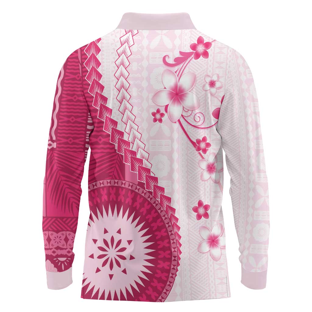 Bula Fiji Long Sleeve Polo Shirt Pink Plumeria Masi Tapa Pattern - Polynesian Pride