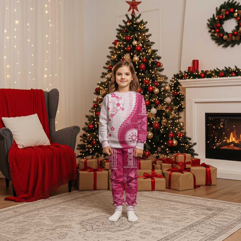 Bula Fiji Christmas Pajama Set Pink Plumeria Masi Tapa Pattern - Polynesian Pride