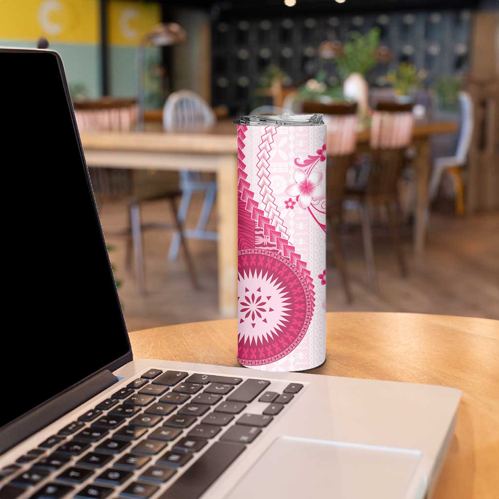 Bula Fiji Skinny Tumbler Pink Plumeria Masi Tapa Pattern - Polynesian Pride