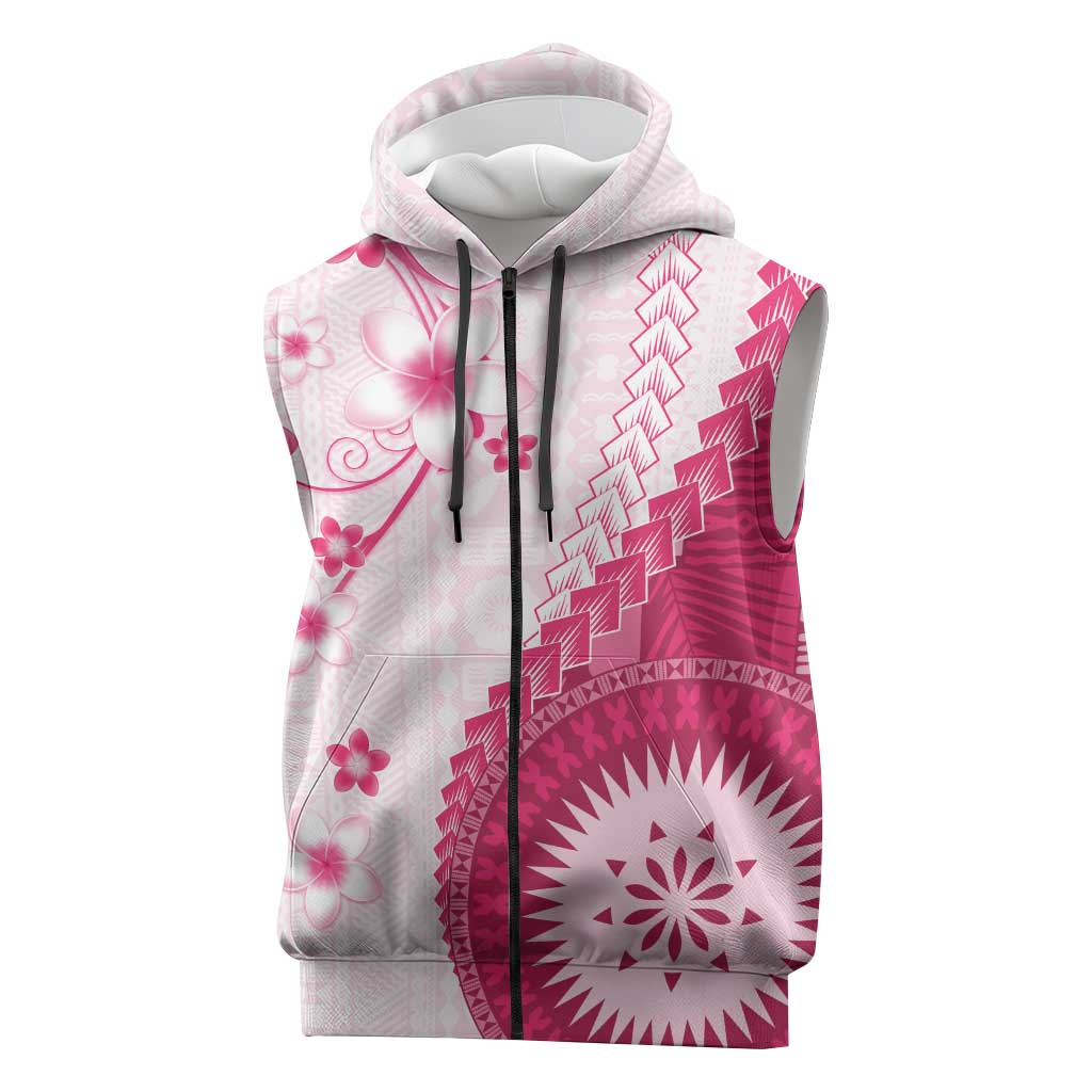 Bula Fiji Sleeveless Zip Hoodie Pink Plumeria Masi Tapa Pattern - Polynesian Pride