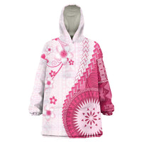 Bula Fiji Wearable Blanket Hoodie Pink Plumeria Masi Tapa Pattern - Polynesian Pride