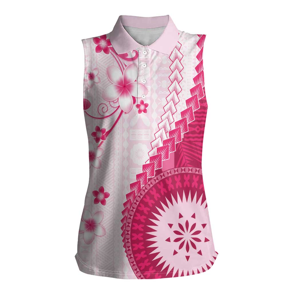 Bula Fiji Women Sleeveless Polo Shirt Pink Plumeria Masi Tapa Pattern - Polynesian Pride