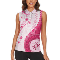 Bula Fiji Women Sleeveless Polo Shirt Pink Plumeria Masi Tapa Pattern - Polynesian Pride