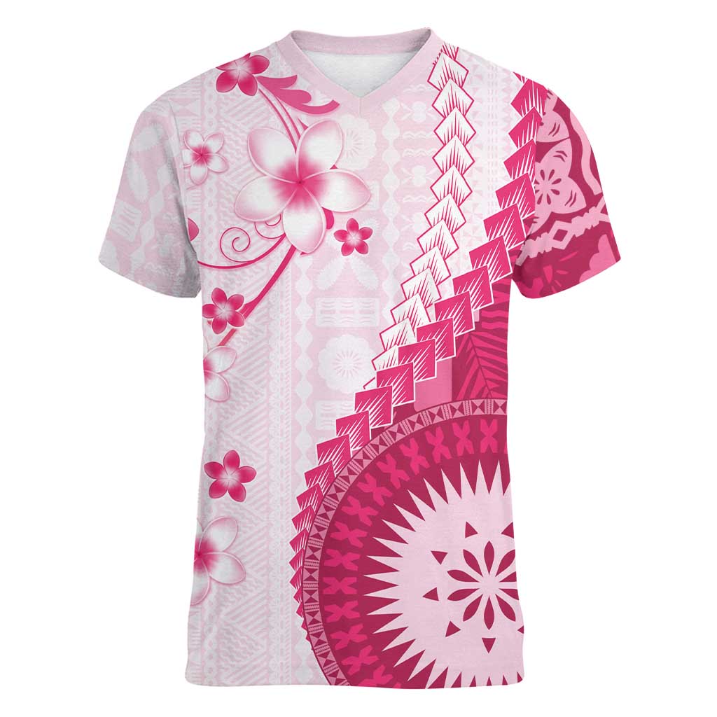 Bula Fiji Women V-Neck T-Shirt Pink Plumeria Masi Tapa Pattern - Polynesian Pride