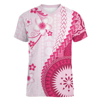 Bula Fiji Women V-Neck T-Shirt Pink Plumeria Masi Tapa Pattern - Polynesian Pride