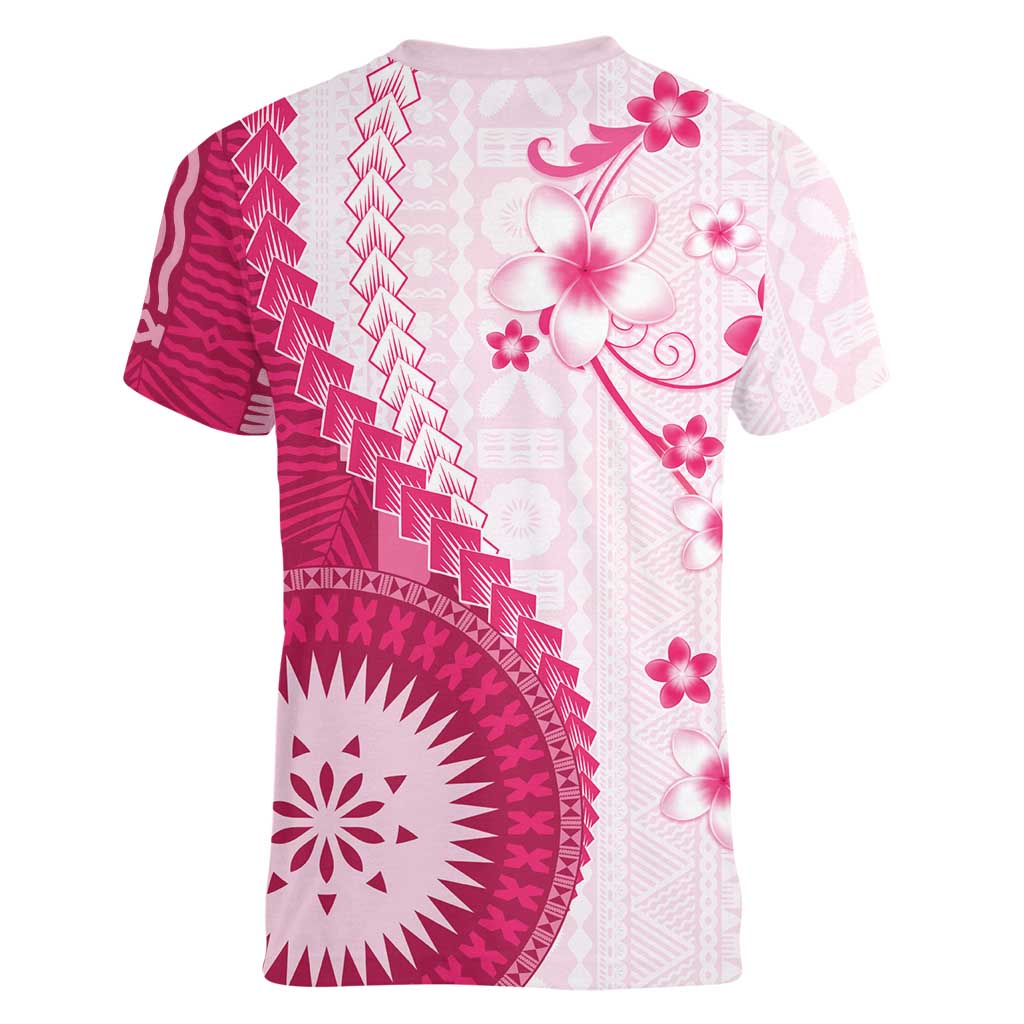 Bula Fiji Women V-Neck T-Shirt Pink Plumeria Masi Tapa Pattern - Polynesian Pride