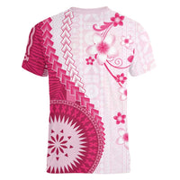 Bula Fiji Women V-Neck T-Shirt Pink Plumeria Masi Tapa Pattern - Polynesian Pride