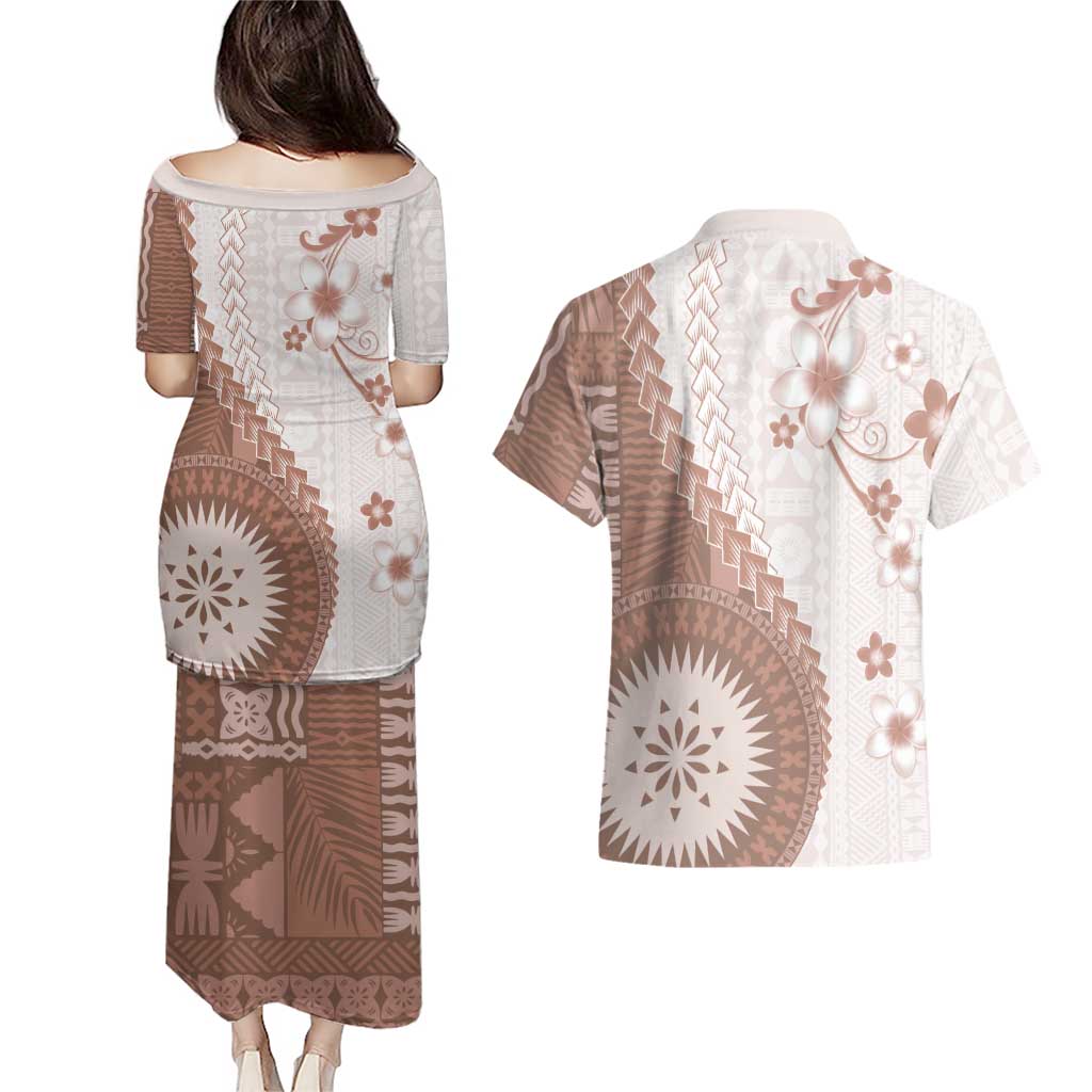Bula Fiji Couples Matching Puletasi and Hawaiian Shirt Brown Plumeria Masi Tapa Pattern - Polynesian Pride