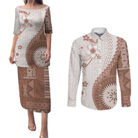 Bula Fiji Couples Matching Puletasi and Long Sleeve Button Shirt Brown Plumeria Masi Tapa Pattern - Polynesian Pride