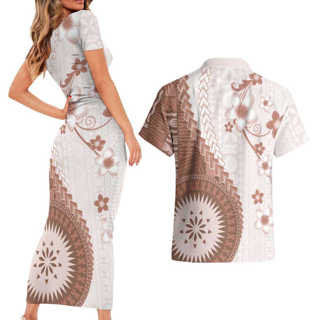 Bula Fiji Couples Matching Short Sleeve Bodycon Dress and Hawaiian Shirt Brown Plumeria Masi Tapa Pattern - Polynesian Pride