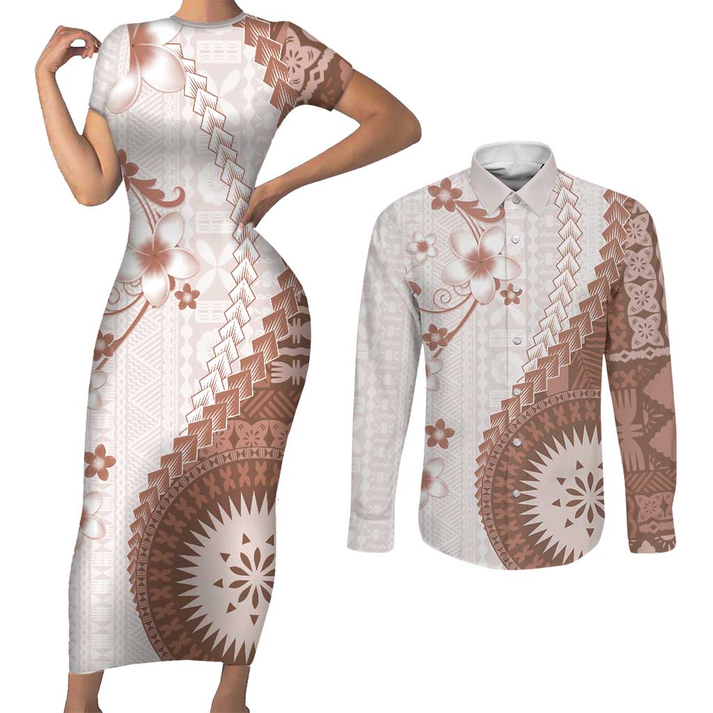 Bula Fiji Couples Matching Short Sleeve Bodycon Dress and Long Sleeve Button Shirt Brown Plumeria Masi Tapa Pattern LT05 Brown - Polynesian Pride