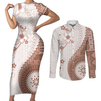 Bula Fiji Couples Matching Short Sleeve Bodycon Dress and Long Sleeve Button Shirt Brown Plumeria Masi Tapa Pattern LT05 Brown - Polynesian Pride