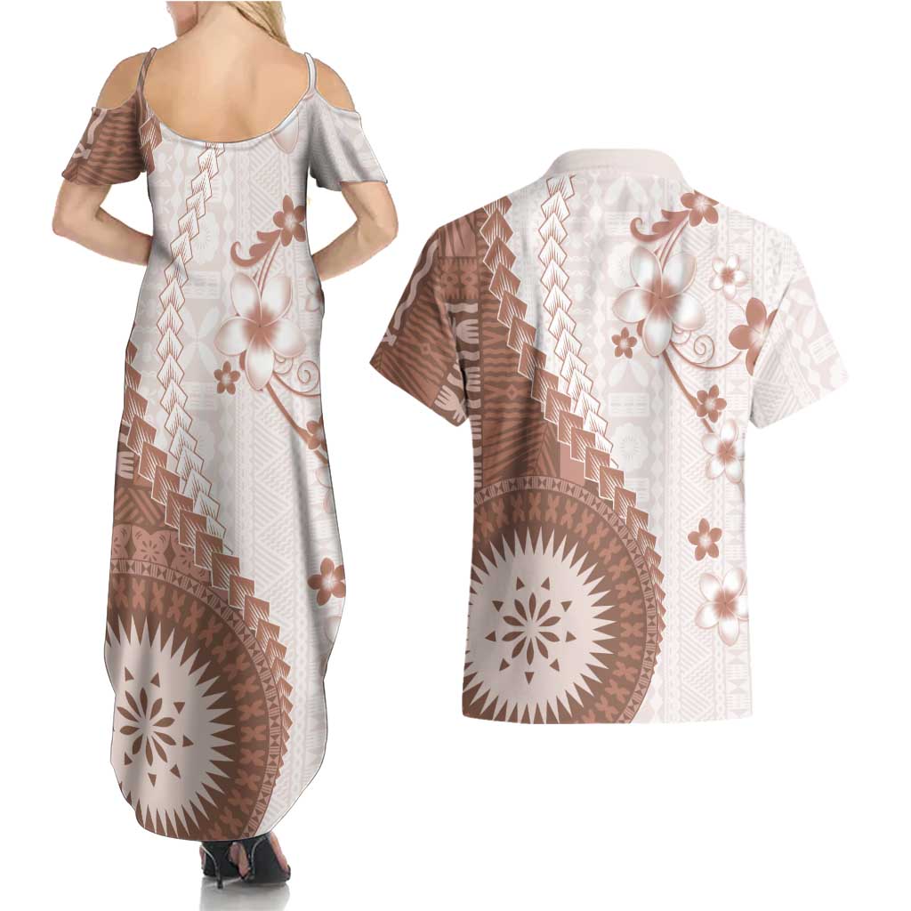 Bula Fiji Couples Matching Summer Maxi Dress and Hawaiian Shirt Brown Plumeria Masi Tapa Pattern - Polynesian Pride