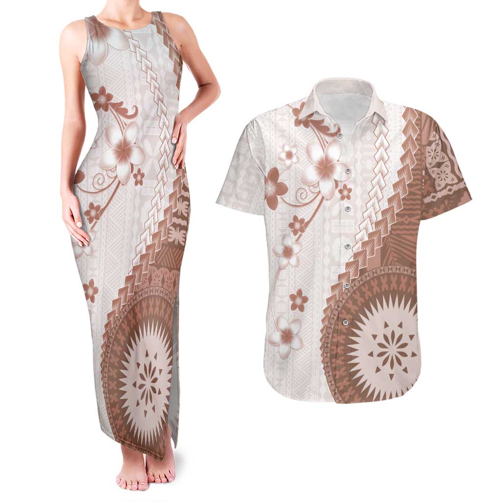 Bula Fiji Couples Matching Tank Maxi Dress and Hawaiian Shirt Brown Plumeria Masi Tapa Pattern - Polynesian Pride