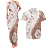 Bula Fiji Couples Matching Tank Maxi Dress and Hawaiian Shirt Brown Plumeria Masi Tapa Pattern - Polynesian Pride