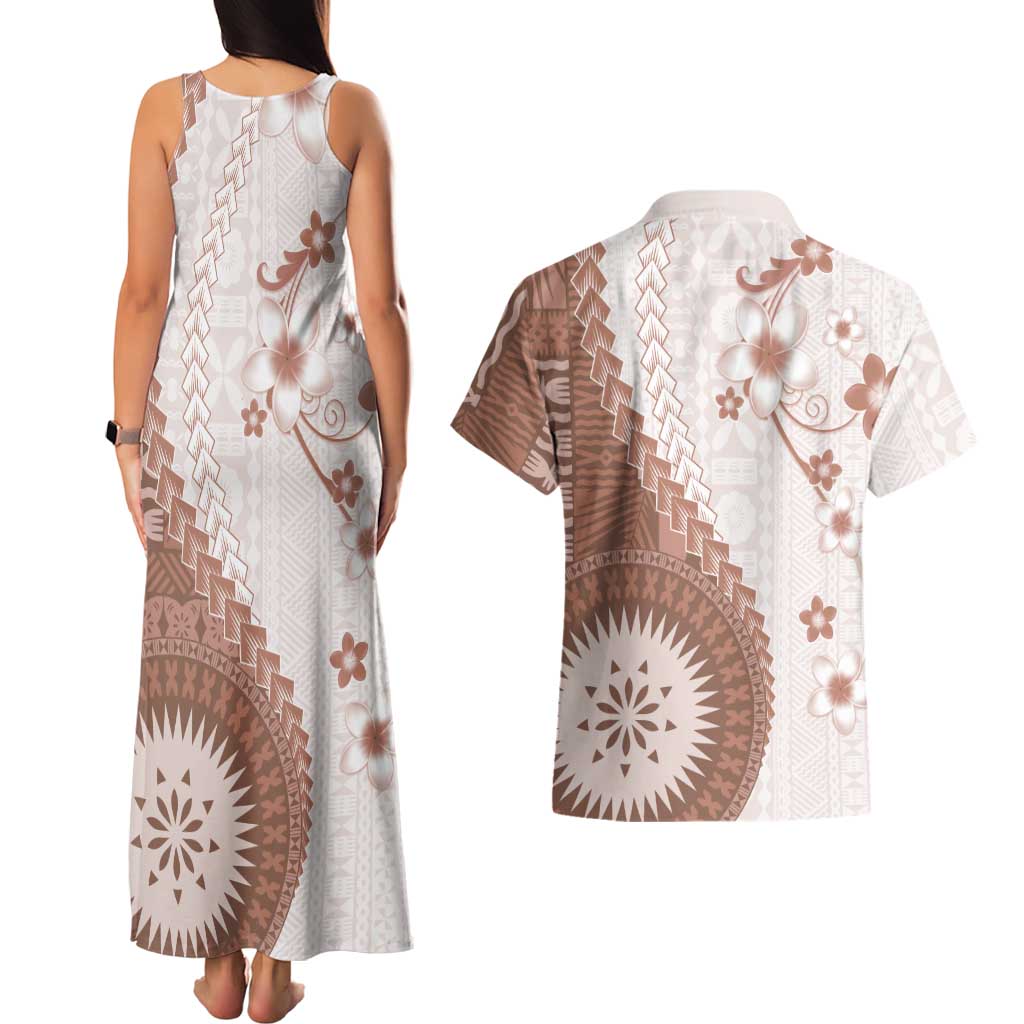 Bula Fiji Couples Matching Tank Maxi Dress and Hawaiian Shirt Brown Plumeria Masi Tapa Pattern - Polynesian Pride
