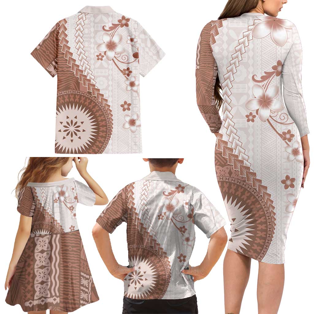 Bula Fiji Family Matching Long Sleeve Bodycon Dress and Hawaiian Shirt Brown Plumeria Masi Tapa Pattern LT05 - Polynesian Pride