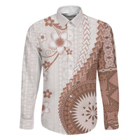 Bula Fiji Family Matching Long Sleeve Bodycon Dress and Hawaiian Shirt Brown Plumeria Masi Tapa Pattern LT05 Dad's Shirt - Long Sleeve Brown - Polynesian Pride