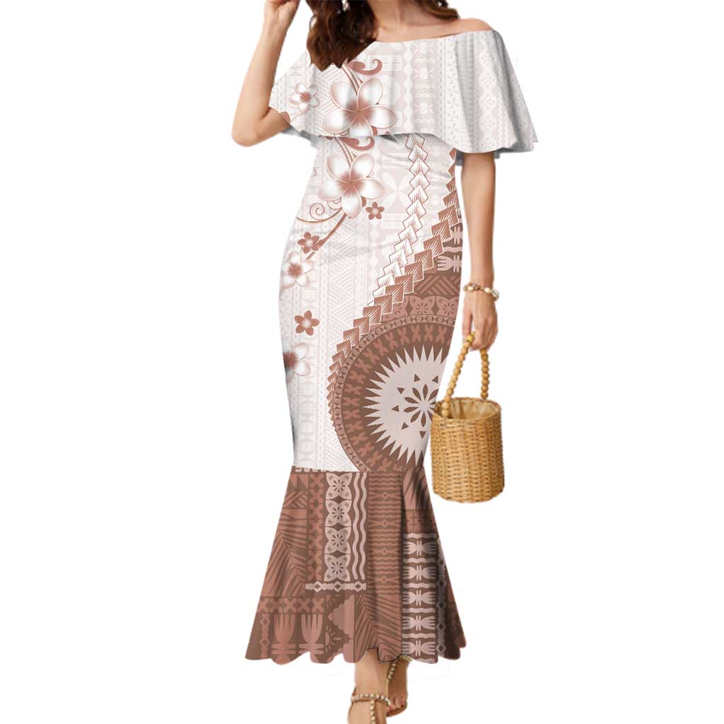 Bula Fiji Family Matching Mermaid Dress and Hawaiian Shirt Brown Plumeria Masi Tapa Pattern LT05 Mom's Dress Brown - Polynesian Pride