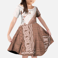 Bula Fiji Family Matching Off The Shoulder Long Sleeve Dress and Hawaiian Shirt Brown Plumeria Masi Tapa Pattern LT05 Daughter's Dress Brown - Polynesian Pride