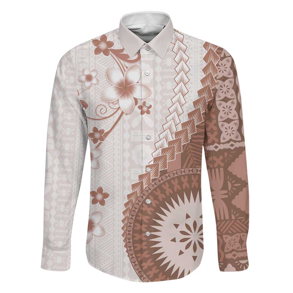 Bula Fiji Family Matching Off The Shoulder Long Sleeve Dress and Hawaiian Shirt Brown Plumeria Masi Tapa Pattern LT05 Dad's Shirt - Long Sleeve Brown - Polynesian Pride