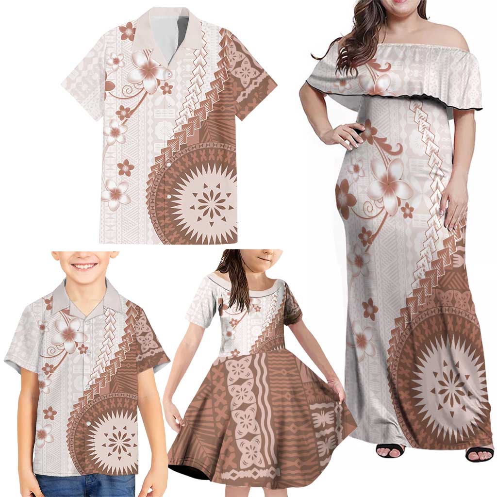 Bula Fiji Family Matching Off Shoulder Maxi Dress and Hawaiian Shirt Brown Plumeria Masi Tapa Pattern LT05 - Polynesian Pride
