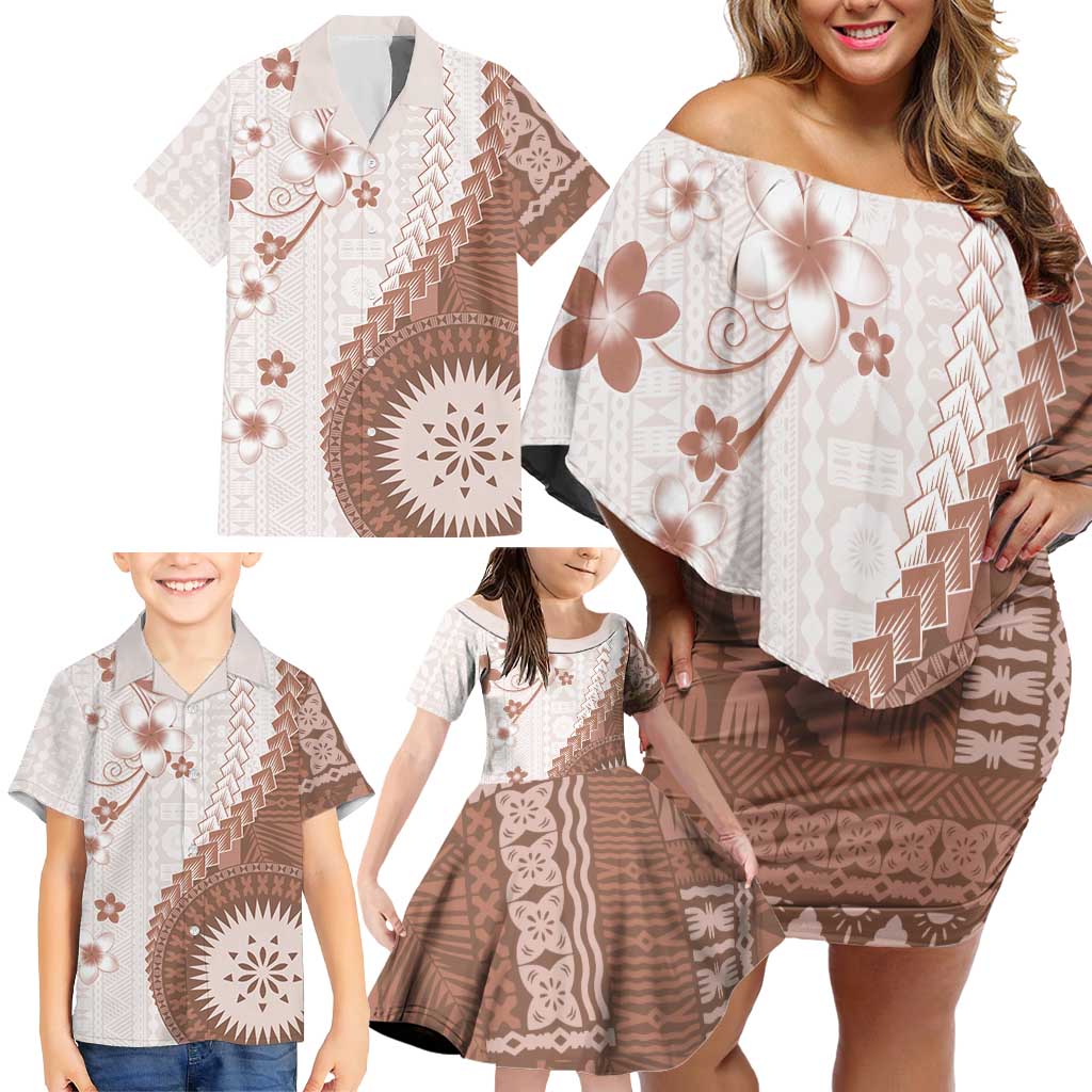 Bula Fiji Family Matching Off Shoulder Short Dress and Hawaiian Shirt Brown Plumeria Masi Tapa Pattern LT05 - Polynesian Pride