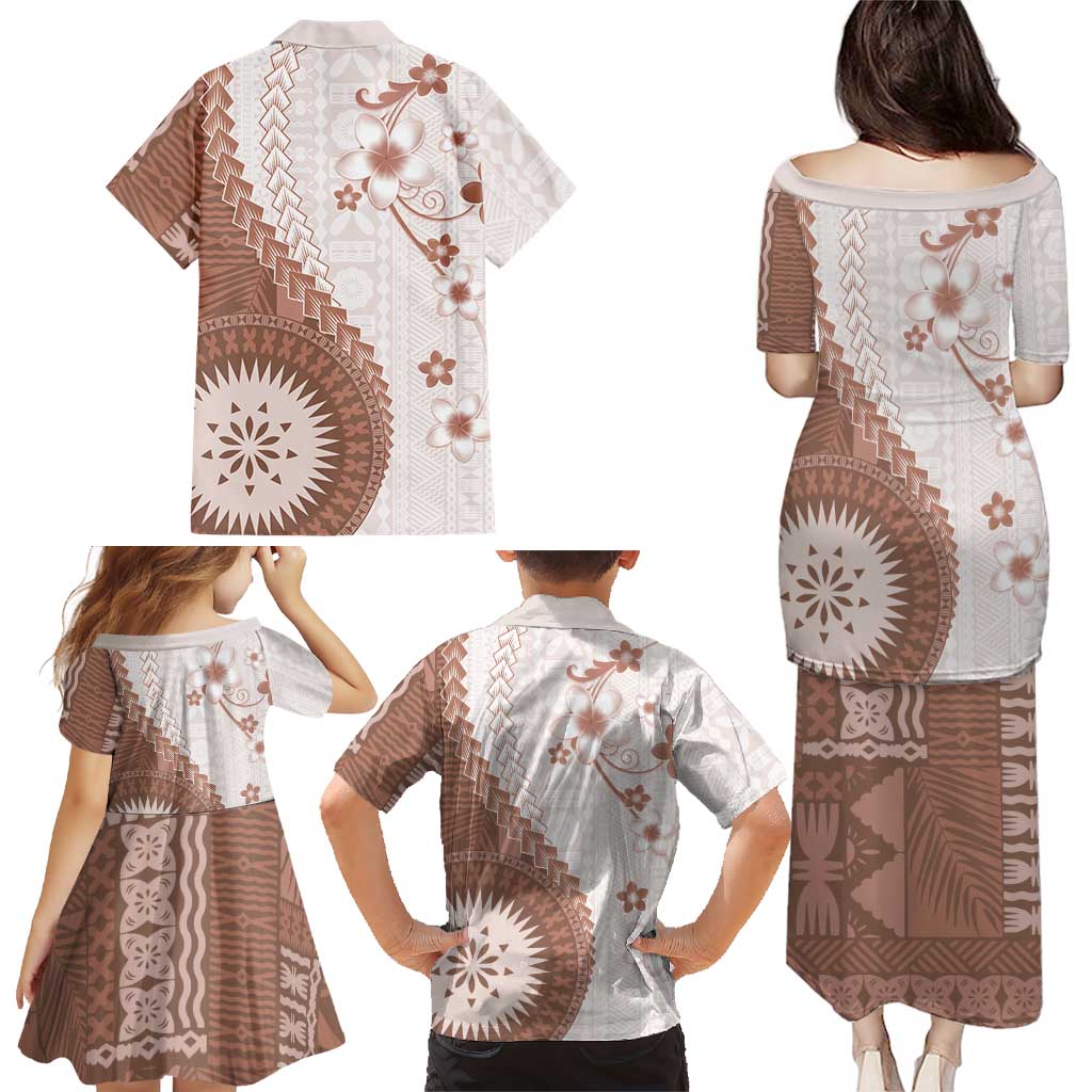 Bula Fiji Family Matching Puletasi and Hawaiian Shirt Brown Plumeria Masi Tapa Pattern - Polynesian Pride