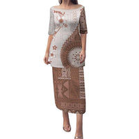 Bula Fiji Family Matching Puletasi and Hawaiian Shirt Brown Plumeria Masi Tapa Pattern - Polynesian Pride