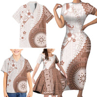 Bula Fiji Family Matching Short Sleeve Bodycon Dress and Hawaiian Shirt Brown Plumeria Masi Tapa Pattern LT05 - Polynesian Pride