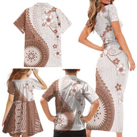 Bula Fiji Family Matching Short Sleeve Bodycon Dress and Hawaiian Shirt Brown Plumeria Masi Tapa Pattern LT05 - Polynesian Pride