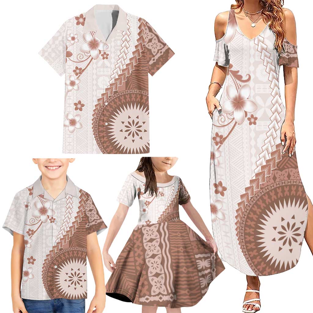 Bula Fiji Family Matching Summer Maxi Dress and Hawaiian Shirt Brown Plumeria Masi Tapa Pattern LT05 - Polynesian Pride