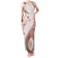 Bula Fiji Family Matching Tank Maxi Dress and Hawaiian Shirt Brown Plumeria Masi Tapa Pattern LT05 Mom's Dress Brown - Polynesian Pride