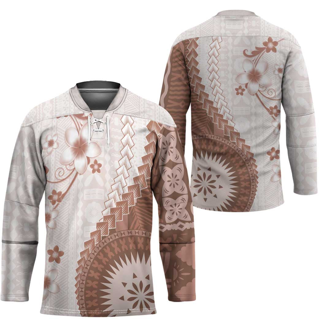 Bula Fiji Hockey Jersey Brown Plumeria Masi Tapa Pattern - Polynesian Pride